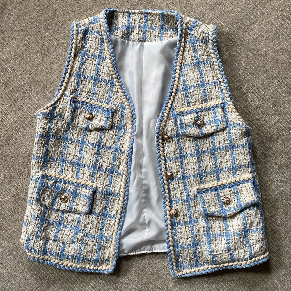 NWOT Oversize Tweed Boucle Blazer Vest Cream Gold Blue Pockets S M